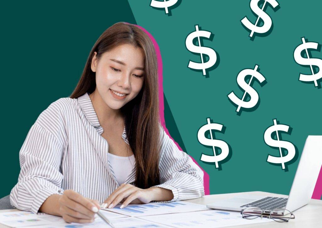 Long hair Asian lady reading with dollar sign background