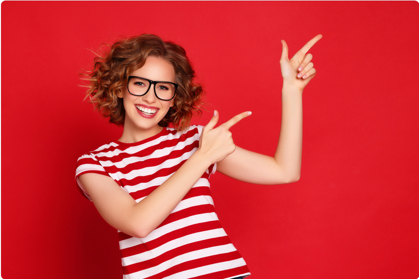 short hair lady wearing striped t-shirt on red background